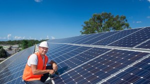 Solar panels with technician